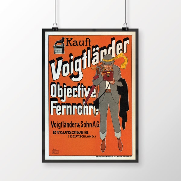 Kauft Voigtlander Camera Vintage Poster, Classic Advertising Print, Retro Film Camera, German Old Advert, Printable Wall Art, Home Bar Decor