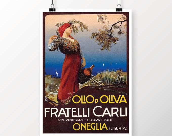 Olio di Oliva Fratelli Carli, Housewarming Gift, Cooking Gift, Italian Food Antique Print, Food&Drink Vintage Poster, Italian Retro Poster