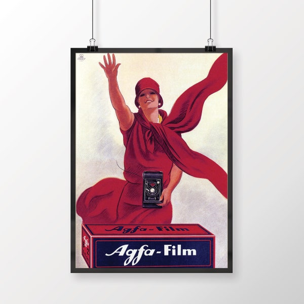 Agfa Film vintage Poster, Agfa Box Camera, Publicité Print, Home Darkroom Decor, Woman With Film Photography Camera, Lady in Red Dress