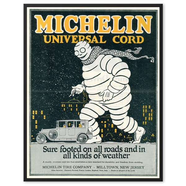 MICHELIN Vintage Poster, 1921 Michelin Universal Cord, Bibendum Man, Michelin Car Mascot, Classic Car, Racing Automobile, Art Deco poster