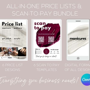 May include: A digital bundle for nail salons, featuring price lists and scan-to-pay templates. Includes price list designs, scan-to-pay templates, and a digital format of all designs. The text includes "manicure", "pedicure", and "gel polish".