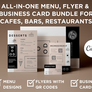 May include: A bundle of marketing materials for cafes, bars, and restaurants. Includes menu designs, flyers with QR codes, and business cards. The design features a neutral color palette with text that reads "ALL-IN-ONE MENU, FLYER & BUSINESS CARD BUNDLE".