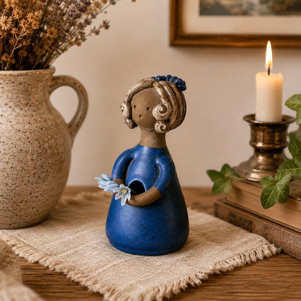 Vintage Elbogen Pottery Flower Girl Vase: Hand-Painted Scandinavian Ceramic Figurine Bud Vase