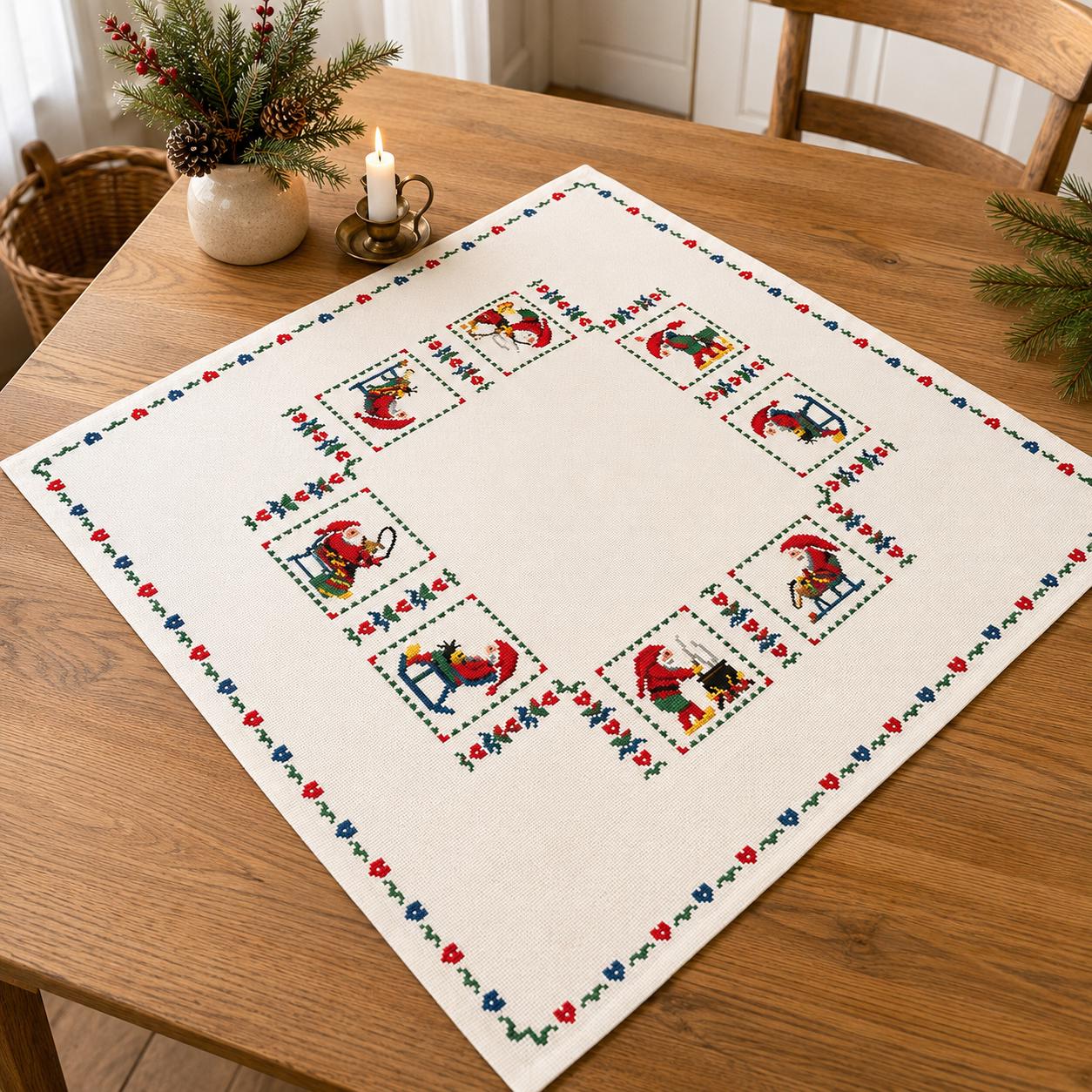 Vintage Swedish Tomte Tablecloth, Hand Embroidered Cross Stitch