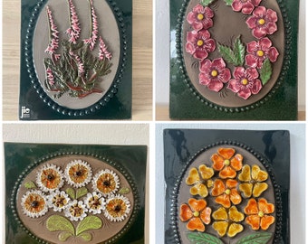 Vintage JIE Gantofta Ceramic Wall Plaques - Aimo Nietosvuori's Flowers | Scandinavian 1970s Handmade Art