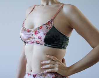 Bralette de terciopelo con estampado floral, sujetador suave rosa Annordinary, lencería de terciopelo floral