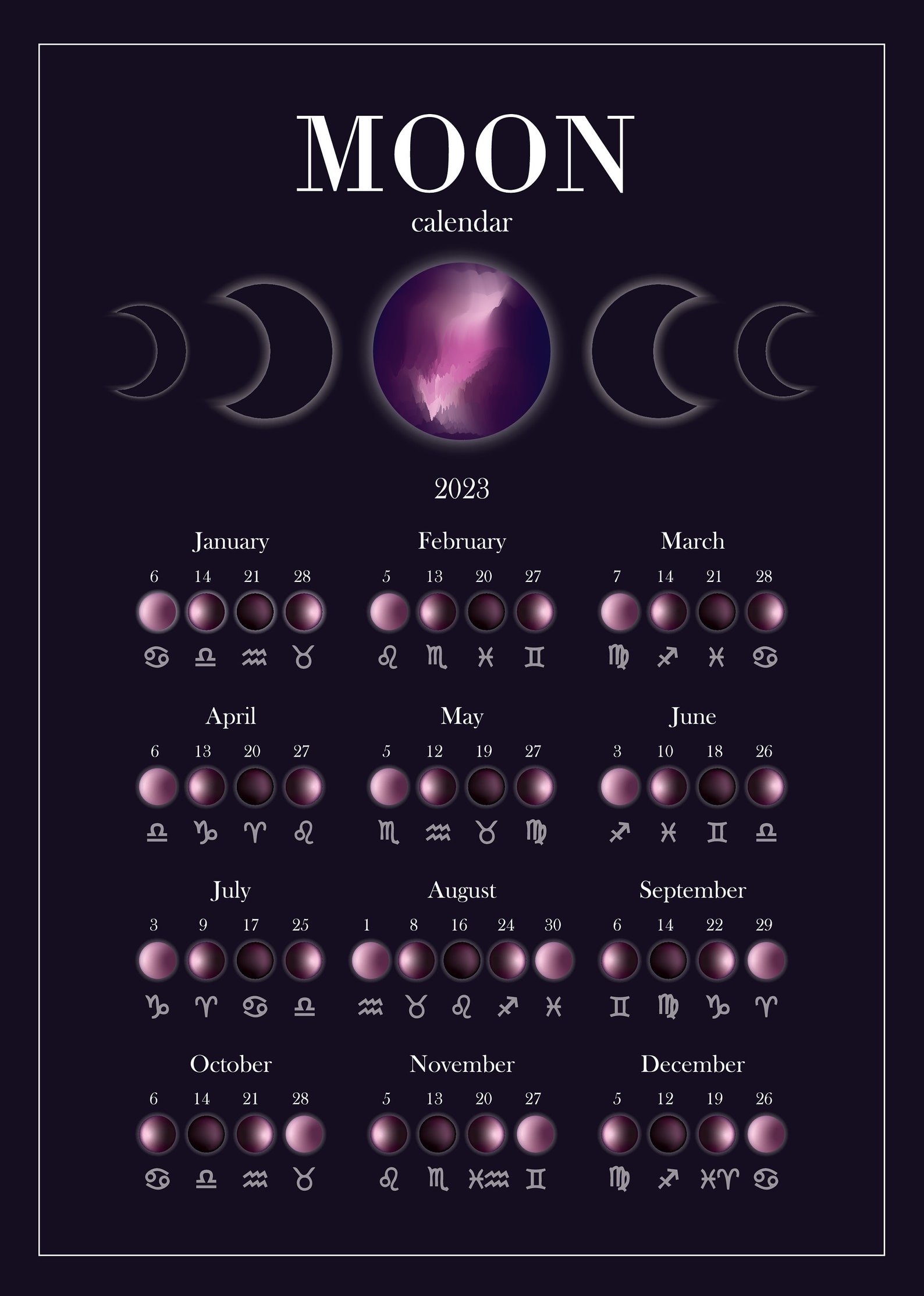 2023 MOON CALENDAR Printable Poster Lunar Calendar Moon Etsy