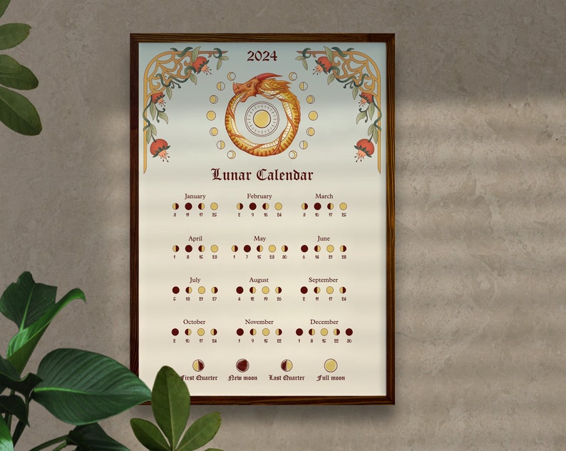 MOON CALENDAR 2024, Printable, Poster, Lunar Calendar, Moon Phases