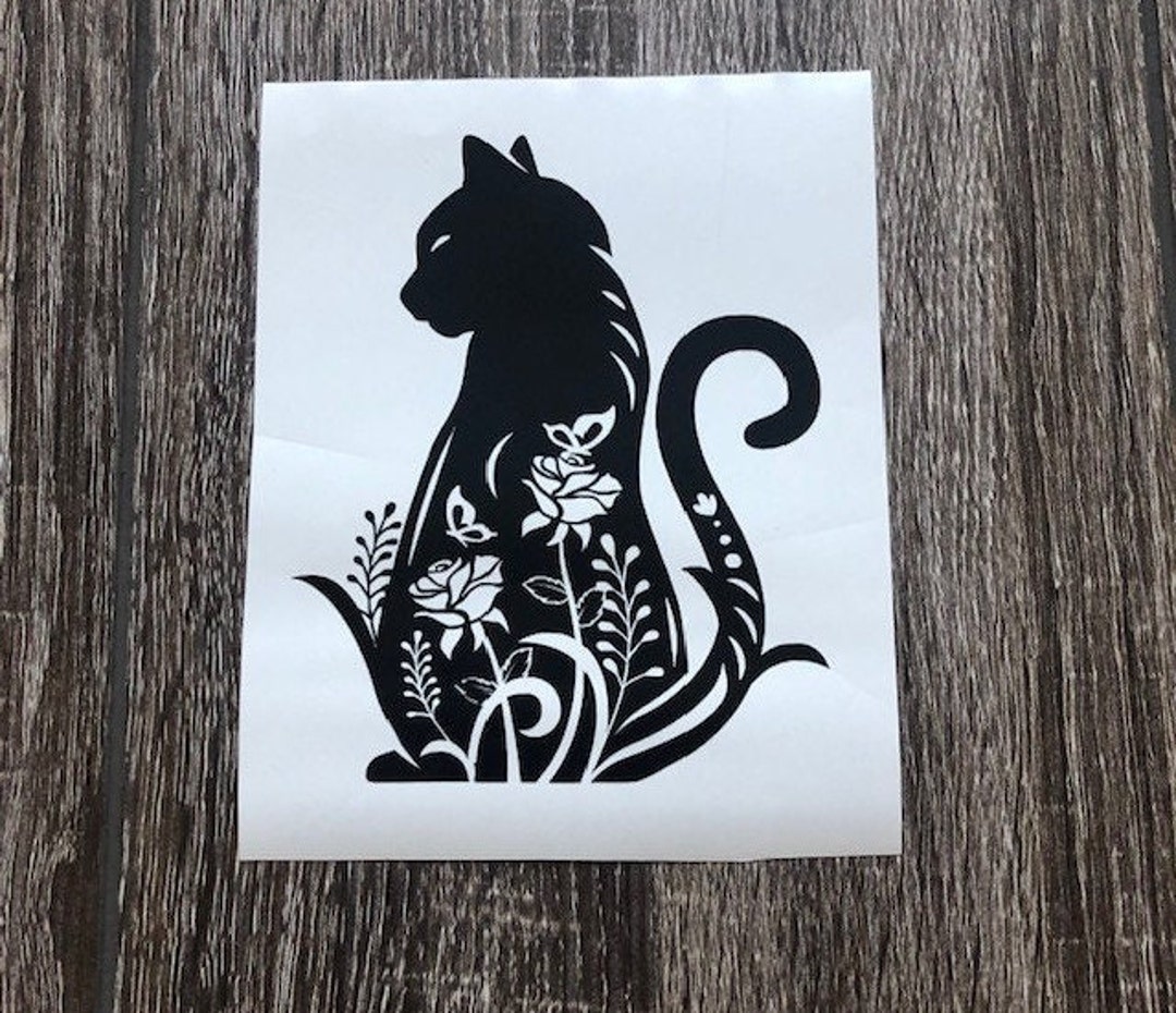 Cat Decal, Floral Cat, Vinyl, Cat Window Sticker, Car, Truck, Stowaway