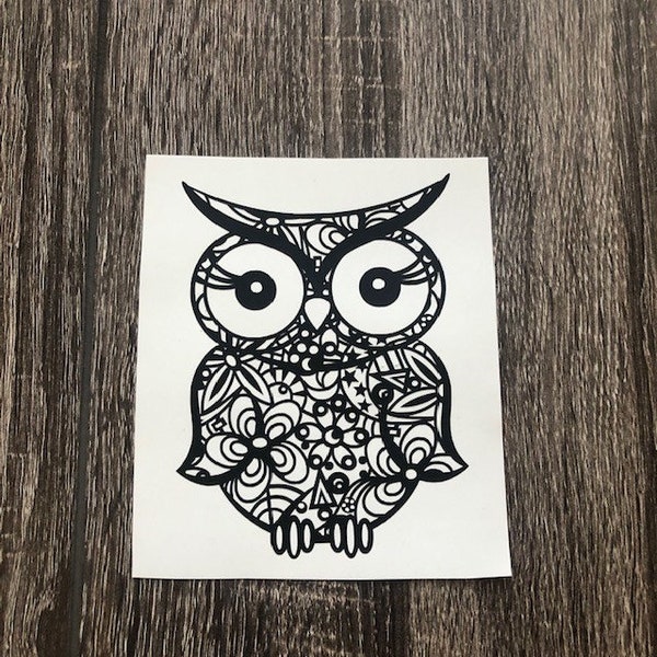 Ornate Owl Decal, Fancy Owl Window Sticker, Wall, Vinyl, Bird Lover, Happy Owl, Car, Truck, Bumper