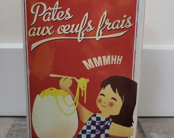 Rechthoekig blik met een vintage Franse illustratie van "LUSTUCRU Pâtes aux oeufs frais"