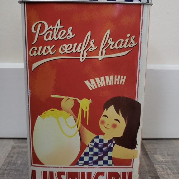 Rectangular tin with a vintage french illustration of "LUSTUCRU Pâtes aux oeufs frais"