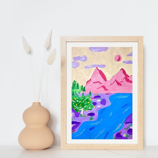 Montagne rose et rivière, paysage coloré - impression d'illustration format A6, A5, A4