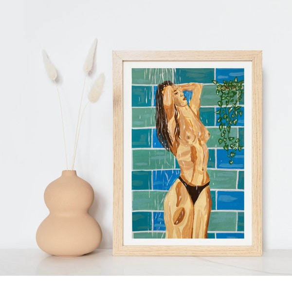 Femme nue sous la douche, corps en nuance de beige, salle de bain bleue et verte - illustration imprimée peinture acrylique - A6, A5, A4