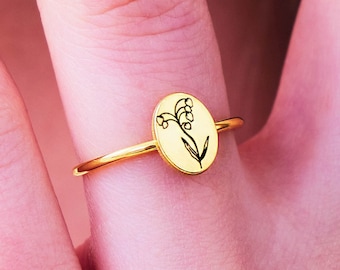 Personalized Birth Flower Ring Signet Jewelry, Gold Birth Month Flower Ring Bridesmaid Gift for Her Sunflower Wildflower Lotus