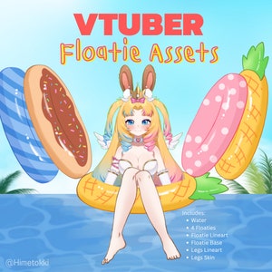 Puede incluir: Una ilustración digital de un personaje VTUBER sentado en un flotador de piña amarillo en una piscina. El personaje tiene el pelo largo y rubio, un vestido blanco y orejas de conejo. Hay otros tres flotadores en la imagen: una dona a rayas azul y blanca, una dona rosa y blanca y una piña rosa y blanca. El texto "VTUBER Floatie Assets" está en la parte superior de la imagen. El texto "Includes: Water, 4 Floaties, Floatie Lineart, Floatie Base, Legs Lineart, Legs Skin" está en la parte inferior de la imagen.