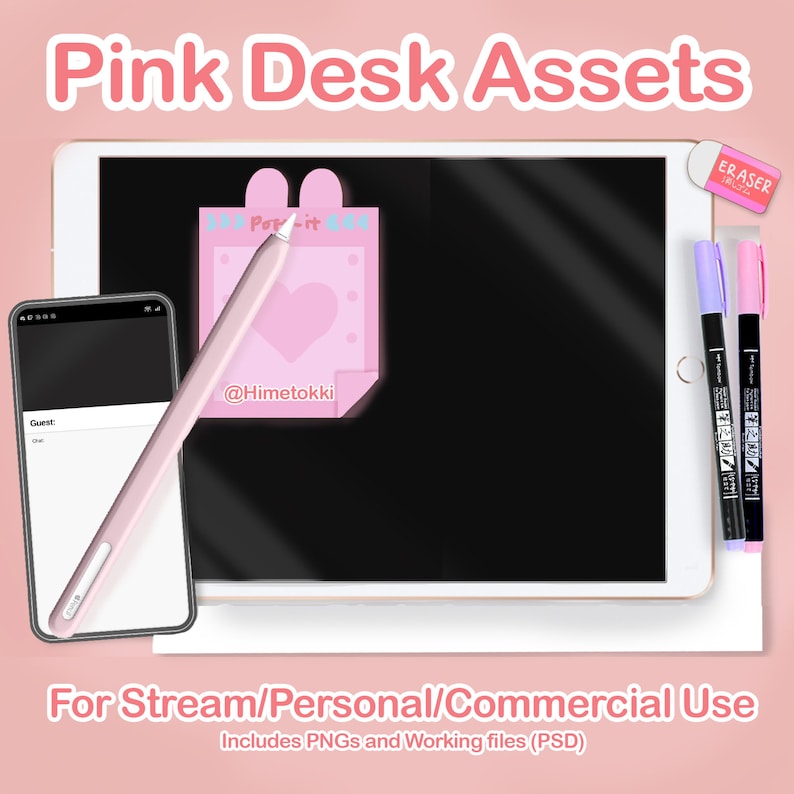 May include: Pink desk assets for streaming, personal, or commercial use. Includes a pink sticky note with the text "Post-it" and "@Himetokki", a pink stylus, a black tablet, a black phone, and three black pens with pink and purple erasers.