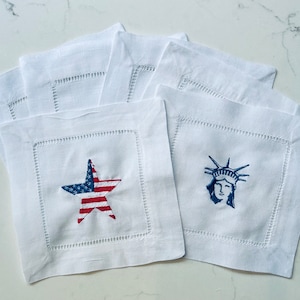 Fourth of July Party/Lady Liberty Cocktail Napkins/Queen Ann Lace Boutique/Embroidered Cocktail Napkins/Summer Party
