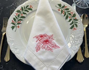 Embroidered Poinsettia Napkin: Customizable Christmas Dinner Table Decor