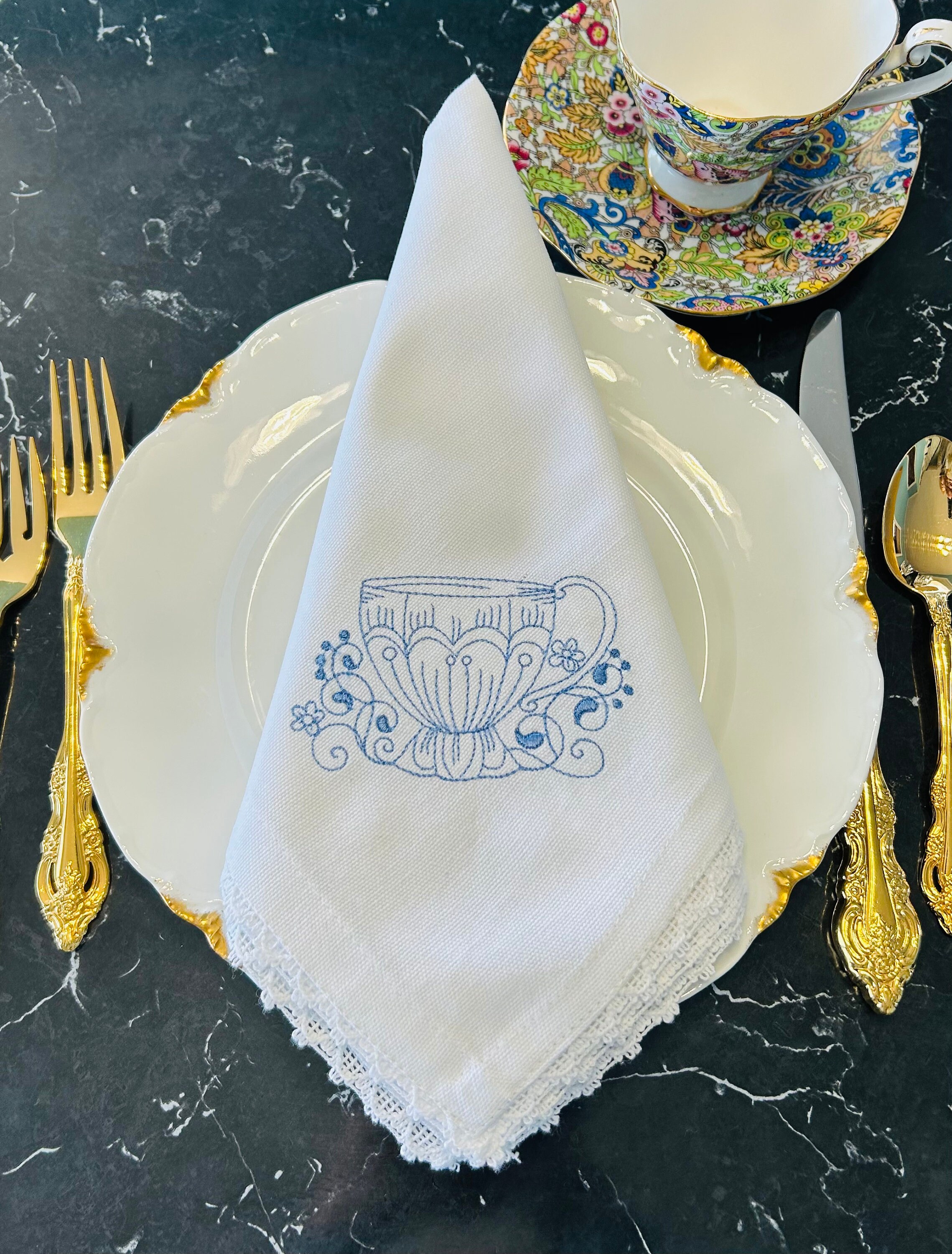 Embroidered Tea Cup Napkins/tea Cup Napkin/ Easter Napkins/tea Party