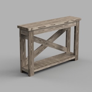 May include: A rustic wooden console table with a lower shelf and an X-shaped design on the front. The table is made of natural wood with a light brown finish.
