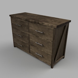 May include: A six-drawer dresser made of dark wood with a rustic finish. The dresser has silver metal drawer pulls and a slightly angled front.