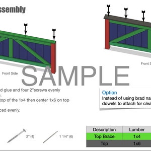 May include: Diagram showing how to assemble the top of a footboard. The top is made of 1x4 and 1x6 wood. The diagram shows the placement of screws and nails. The text reads "Footboard Top Assembly" and includes instructions for securing the wood pieces together.