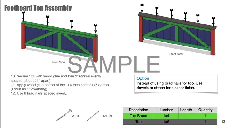 May include: Diagram showing how to assemble the top of a footboard. The top is made of 1x4 and 1x6 wood. The diagram shows the placement of screws and nails. The text reads "Footboard Top Assembly" and includes instructions for securing the wood pieces together.