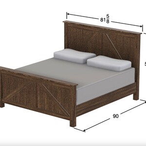 May include: A dark brown wooden bed frame with a headboard that is 81 5/8 inches wide and 58 1/2 inches tall. The footboard is 34 inches tall and the bed is 90 inches long.