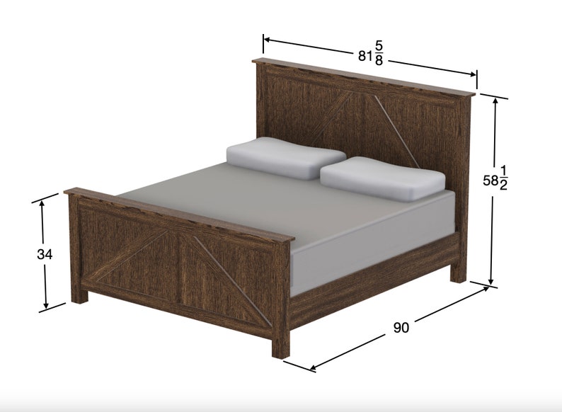 May include: A dark brown wooden bed frame with a headboard that is 81 5/8 inches wide and 58 1/2 inches tall. The footboard is 34 inches tall and the bed is 90 inches long.
