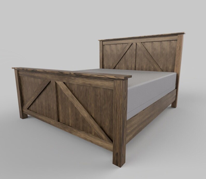 May include: A wooden bed frame with a farmhouse style headboard and footboard. The headboard features a criss-cross design with a dark brown stain.