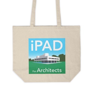 May include: Beige tote bag with a light blue square featuring the word "iPAD" in white. Below the text is a modern architectural illustration with the words "For Architects" below the illustration.