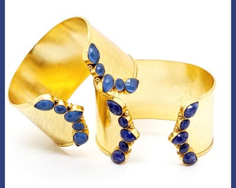 Gold-Plated Cuff Bracelet: Sapphire & Chalcedony Gemstone Adjustable Brass Wide Cuff