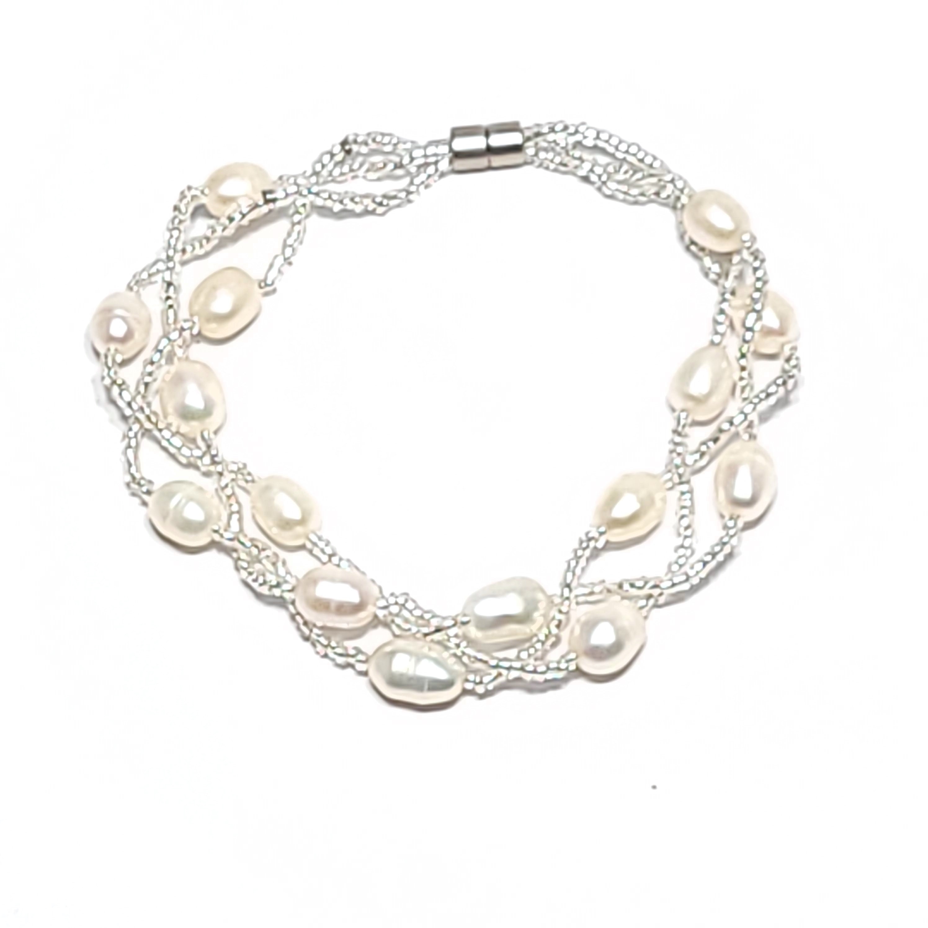 Multi-Strand Freshwater Pearl Bracelet: Magnetic Clasp, Natural Colors, Bridesmaid or Wedding Jewelry