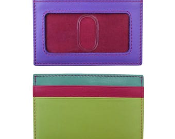May include: A two-sided card holder featuring a top orange stripe, a purple middle section with a clear ID window, and a bottom section with teal, magenta, and lime green horizontal stripes. The accessory has visible stitching along the edges.