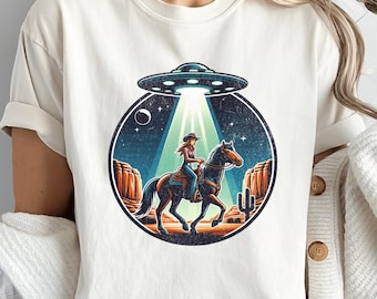 Cowgirl UFO Graphic Tee: Retro Western Alien Shirt