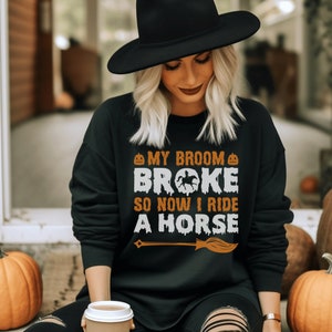 Halloween horse sweatshirt, spooky equestrian fall crewneck, witchy horse lover long sleeve shirt, flying broom horse groom autumn gift