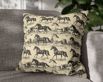 Toile Equestrian Pillow Cover: Farmhouse Horse Accent Cushion