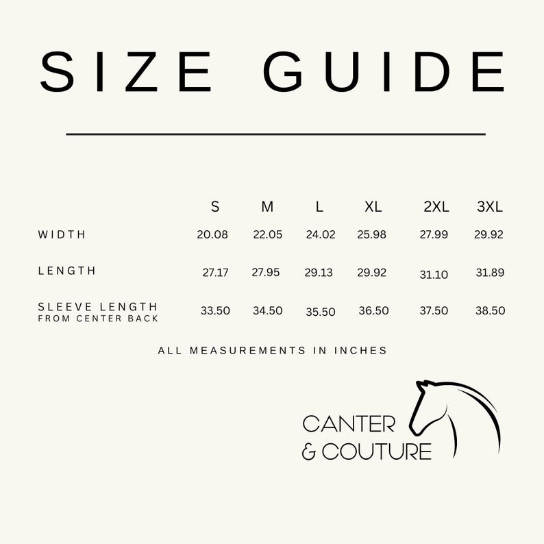 Puede incluir: Tabla de tallas para ropa en pulgadas. La tabla muestra las medidas de ancho, largo y largo de manga desde la parte central de la espalda para las tallas S, M, L, XL, 2XL y 3XL.