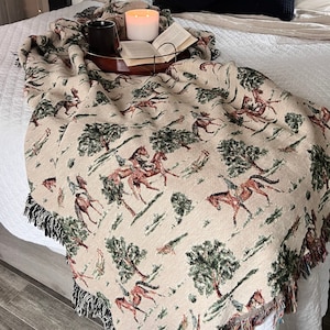 Equestrian Woven Blanket: English Country Barn Decor, Cotton Throw