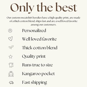 Puede incluir: Un gr&aacute;fico con el texto "Only the best" y una lista de caracter&iacute;sticas para sudaderas con capucha personalizadas, que incluyen personalizadas, muy apreciadas, mezcla de algod&oacute;n grueso, impresi&oacute;n de calidad, talla real, bolsillo canguro y env&iacute;o r&aacute;pido.