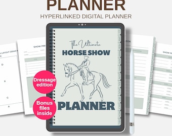 May include: A digital planner for horse show riders and grooms. The cover features a black and white illustration of a horse and rider, with the text "The Ultimate Horse Show Planner".