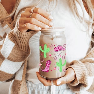 Desert Cowgirl Glass Tumbler 16oz, Western Horse Girl Iced Coffee Cup with lid and straw, Horse Lover Gift, Country Girl Soda Cup