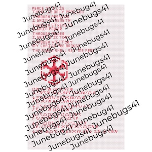 May include: Cross stitch pattern chart with the text "Peace Through Passion I Gain Strength Through Power Through Victory My Chains Are Broken The Force Shall Set Me Free" and a red cross symbol in the center. The design size is 80 x 110 stitches.