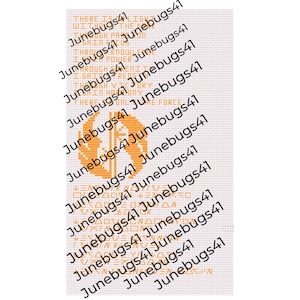 May include: A cross stitch pattern chart featuring the Star Wars Rebel Alliance symbol in orange on a white background. The chart includes the text "There is no light without shadow, through power I gain victory, there is only the force". The design size is 70 x 120 stitches.