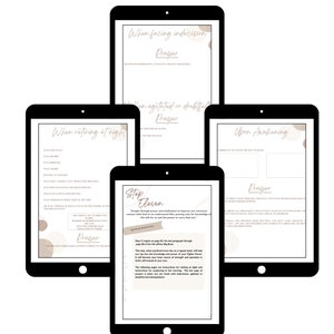 Puede incluir: Cinco pantallas digitales con fondo beige y formas abstractas marrones. Cada pantalla tiene un título y la palabra "Oración" en texto negro. Los títulos son "Al acostarse", "Cuando se enfrenta a una indecisión", "Cuando está agitado o dudoso", "Al despertar" y "Paso once".