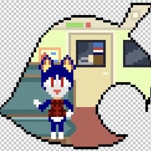 Puede incluir: Un personaje de gato azul y amarillo con ojos rojos y una camisa a cuadros rojos y negros se encuentra en una habitación con una puerta y una ventana. La habitación está decorada con un patrón de hojas verdes y blancas.