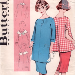 Puede incluir: Patrón de costura vintage para ropa de maternidad. El patrón es para un vestido azul con falda y un vestido de cuadros rojos y blancos con falda. El número del patrón es 9190 y la talla es 12. El patrón es de la marca Butterick.