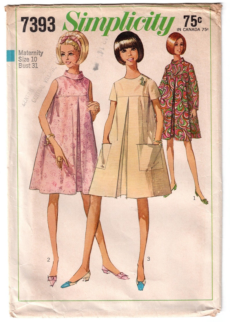 1960s Maternity Dress with Bias Roll Collar and Inverted Pleat, Bust 31 / Vintage Sewing Pattern / Simplicity 7393 image 1