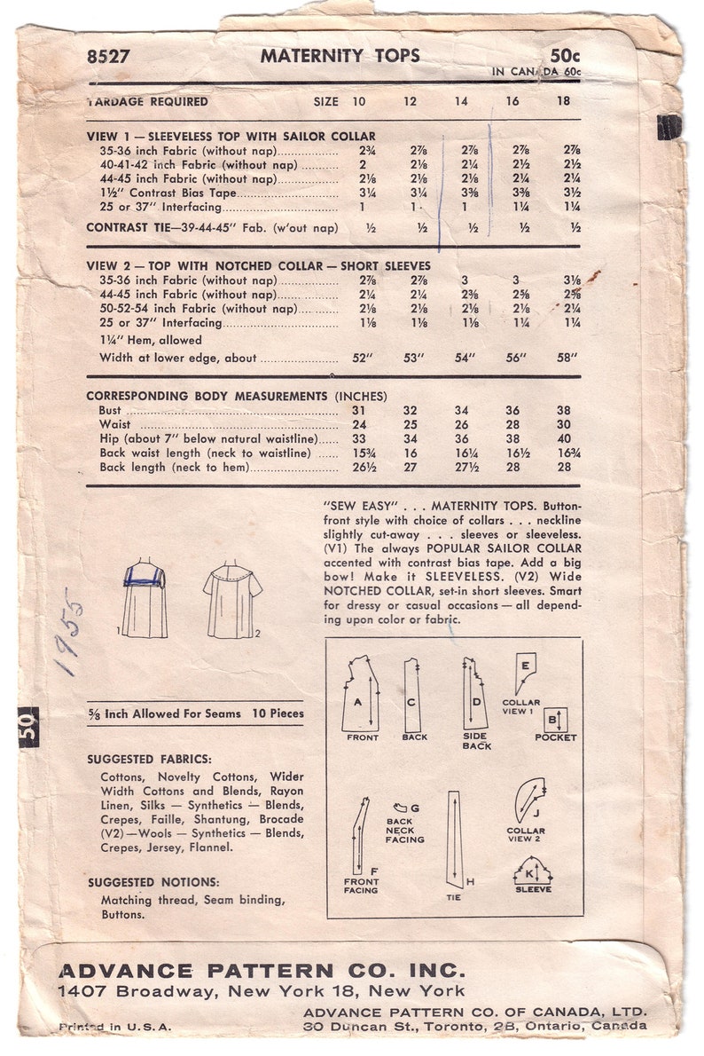 1950s Maternity Top With Sailor Collar, Bust 34 / Vintage Sewing